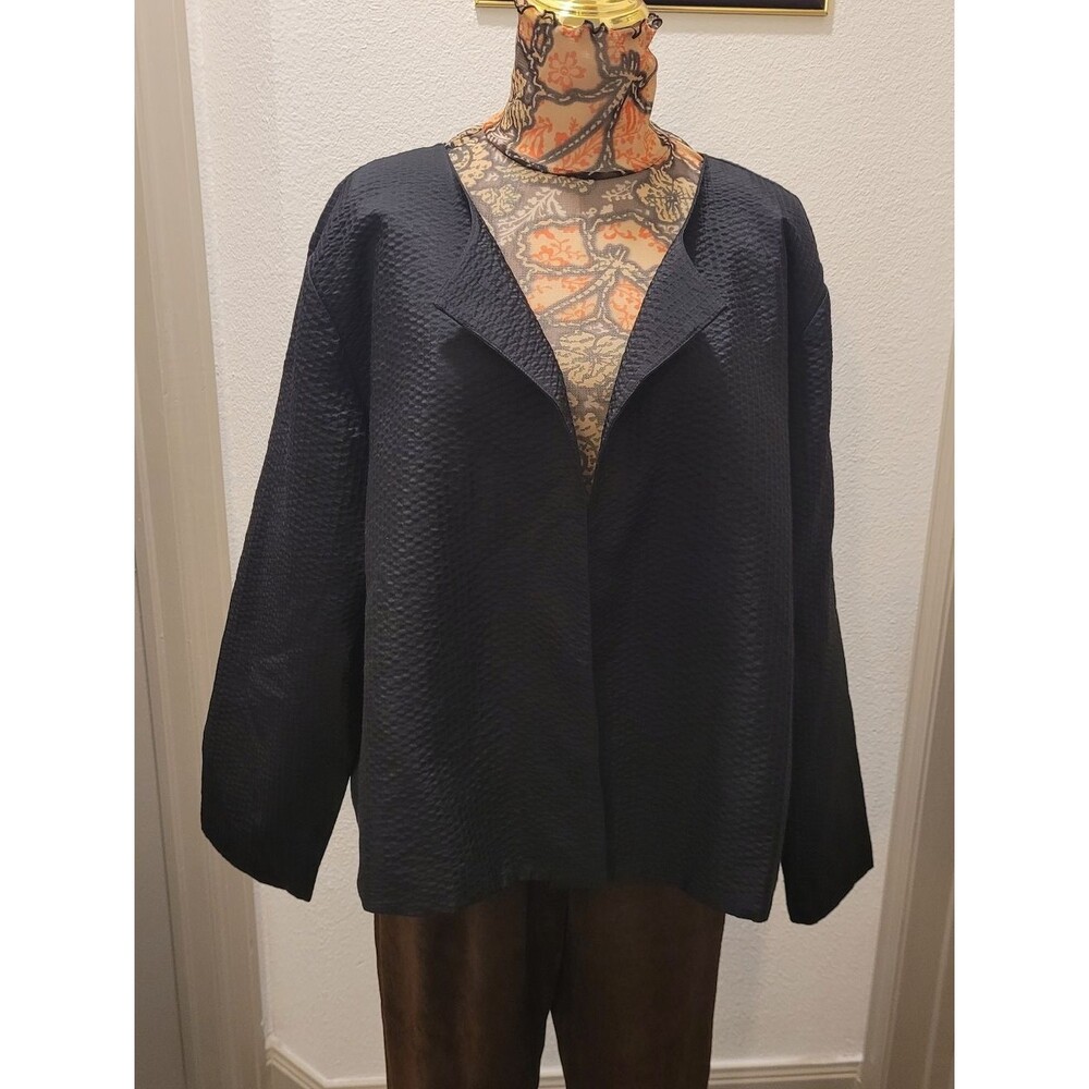 EILEEN FISHER 100% Silk Cloqué Kimono Jacket Black 1X Pockets Lagenlook